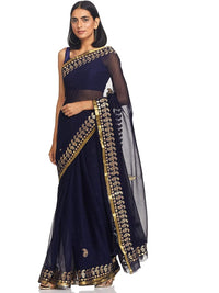Resham and Gotta Patti Embroidered Chiffon Navy Blue Saree
