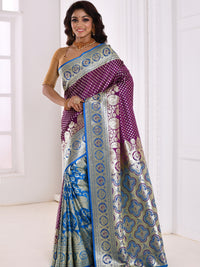 Burgundy & Gold Toned Paisley Zari Silk Blend Handloom Banarasi Saree