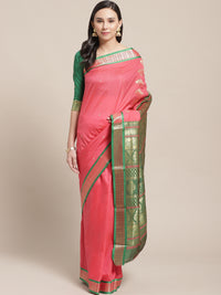 Kanjiwaram Dupion Silk saree with Zari Weaving Contrast Border and Rich Temple  Pallu