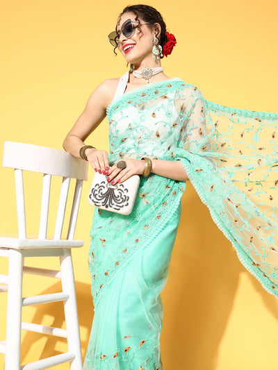 Chhabra 555 Embellished Summer Net Saree with Pleated Border & Resham Thread Embroidery