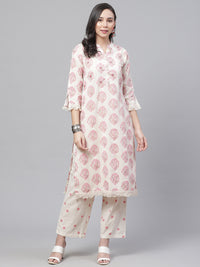 Colorblocked Jute Cotton Kurta Pallazo Set with Mirror Embellishments & Fringed hemline