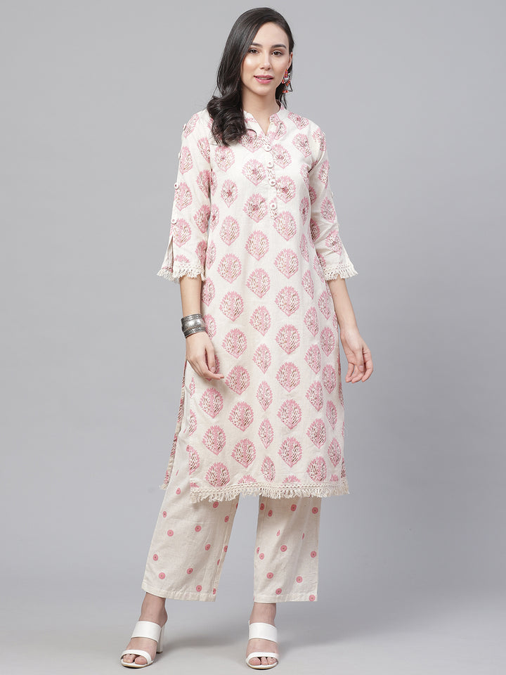 Colorblocked Jute Cotton Kurta Pallazo Set with Mirror Embellishments & Fringed hemline