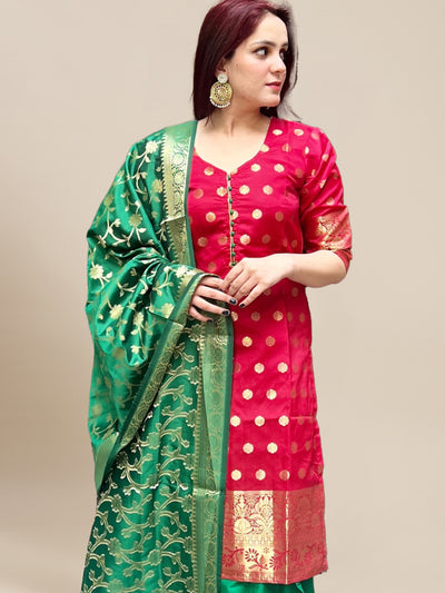 Chhabra 555 Made to Measure Red Banarasi Zari Woven Silk Kurta With Contrast Green Salwar & Dupatta