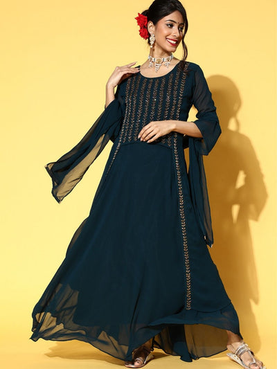Chhabra 555 Made to Measure Teal Cutdana Embellished High Low Top with Flared Skirt & Dupatta