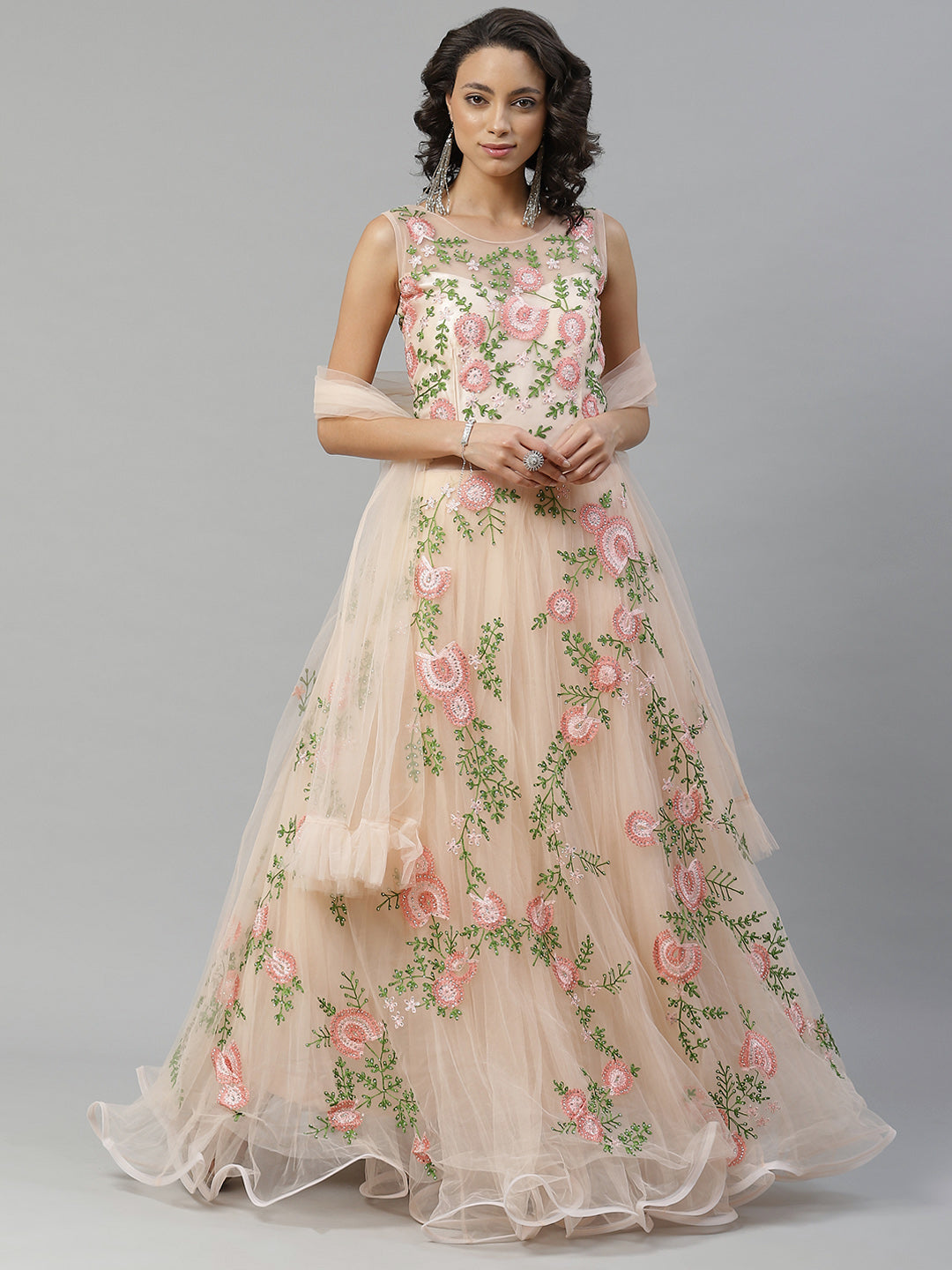 Peach Floral Resham Embroidered Cocktail Net Gown With Frills & Net Dupatta