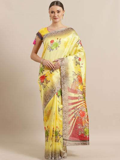 Chhabra 555 Yellow Bhagalpuri Silk Saree with Floral Roses Digital Pattern and contrast Grey Blouse