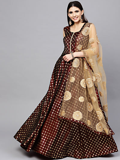 Chhabra 555 Maroon Embellished Foil Print Kurta Dress with Gold Embroidered Dupatta