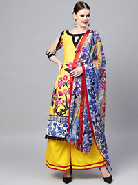 Chhabra 555 Yellow Floral Printed Crepe Made-to-Measure Kurta Set with Chiffon Dupatta