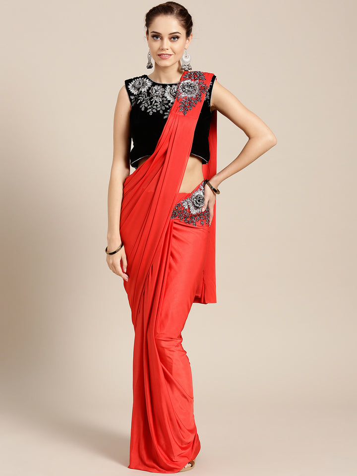 Draped Ruffled Pre-stitched Saree with Velvet Sequin Embellished Crop Top Blouse
