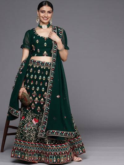 Chhabra 555 Semi Stitch Green Multi Color Thread Embroidery Georgette Lehenga Set with Peacock Motif