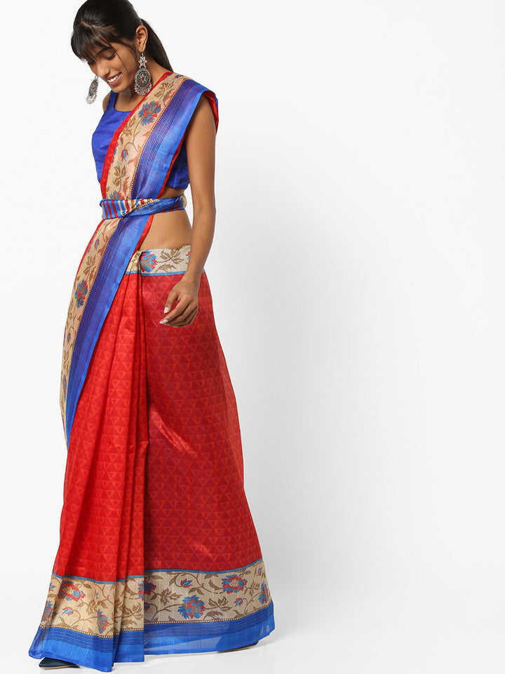 Red & Blue Coloured Cotton Silk Printed Saree