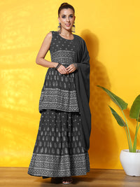Chhabra 555 Foil Print Peplum Style Georgette Gharara Set with Peplum Style Pleated Tassled Kurta