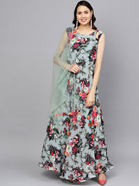 Georgette Floral Anarkali Cocktail Gown with matching Belt