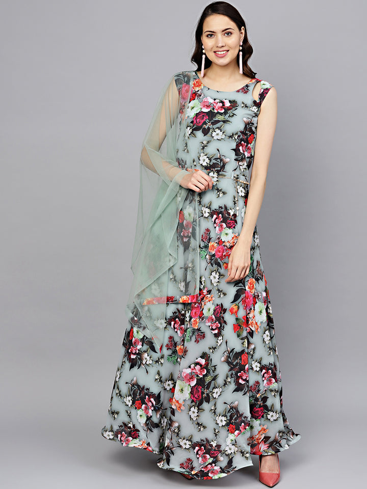Georgette Floral Anarkali Cocktail Gown with matching Belt