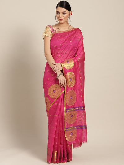 Chhabra 555 Pink Chanderi Silk saree with Zari and Meenakari weaving in a floral pattern