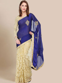 Beige & Blue Embroidered Net Half & Half Party Wear Saree