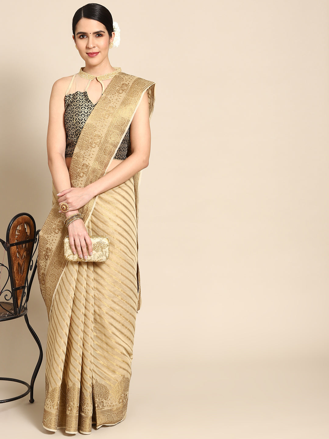 Chhabra 555 Golden Beige Banarasi Striped Pattern Oxidised Gold Zari Woven Chanderi Saree
