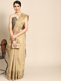 Chhabra 555 Golden Beige Banarasi Striped Pattern Oxidised Gold Zari Woven Chanderi Saree