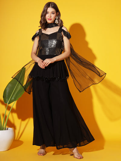 Chhabra 555 Made-to-Measure Black Sequence Embellished Peplum Top Flared Palazzo &  Net Dupatta