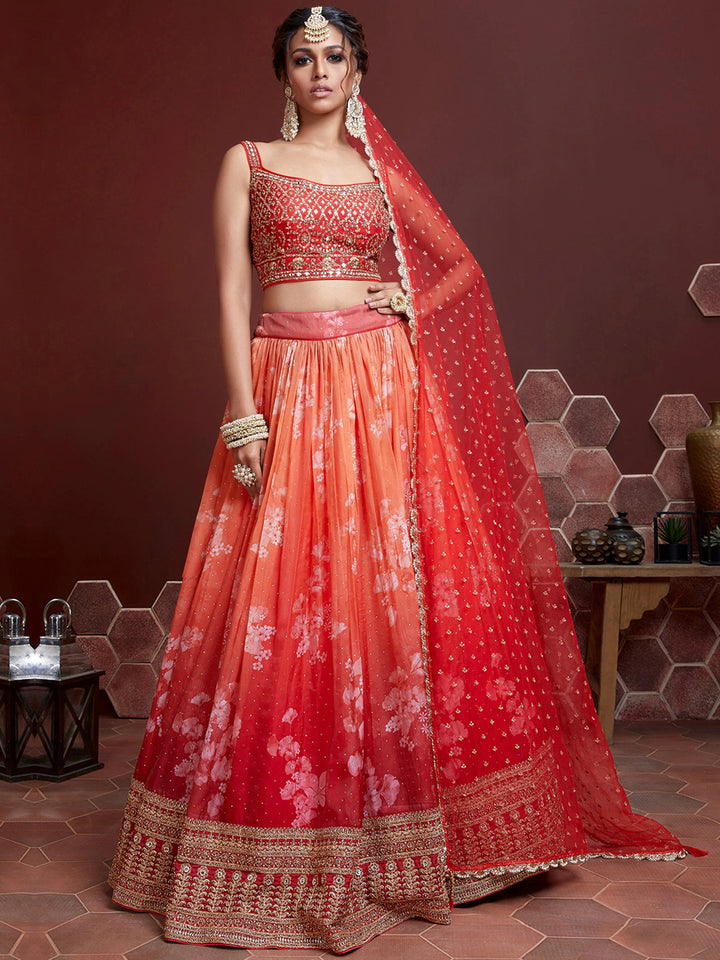 Digital Ombre Print Lehenga Embroidered Blouse & Sequinned Dupatta