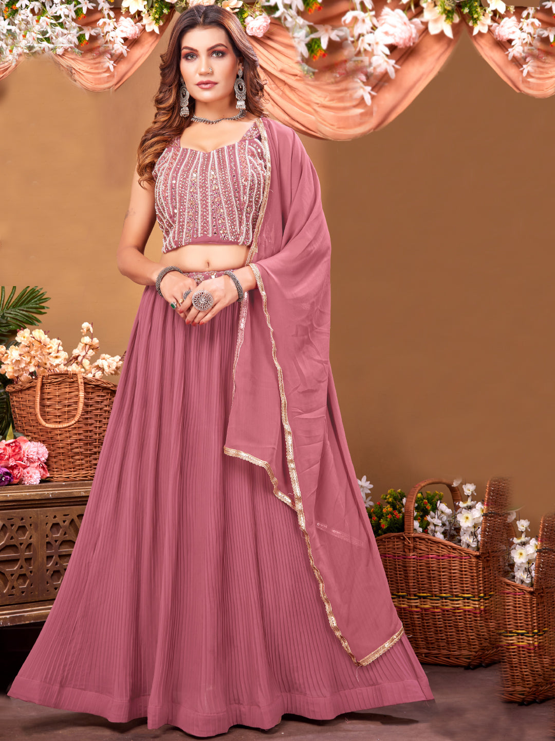 Chhabra 555 Mirror, Pearl and Sequin Embellished Crop Top with Pleated Lehenga & Dupatta