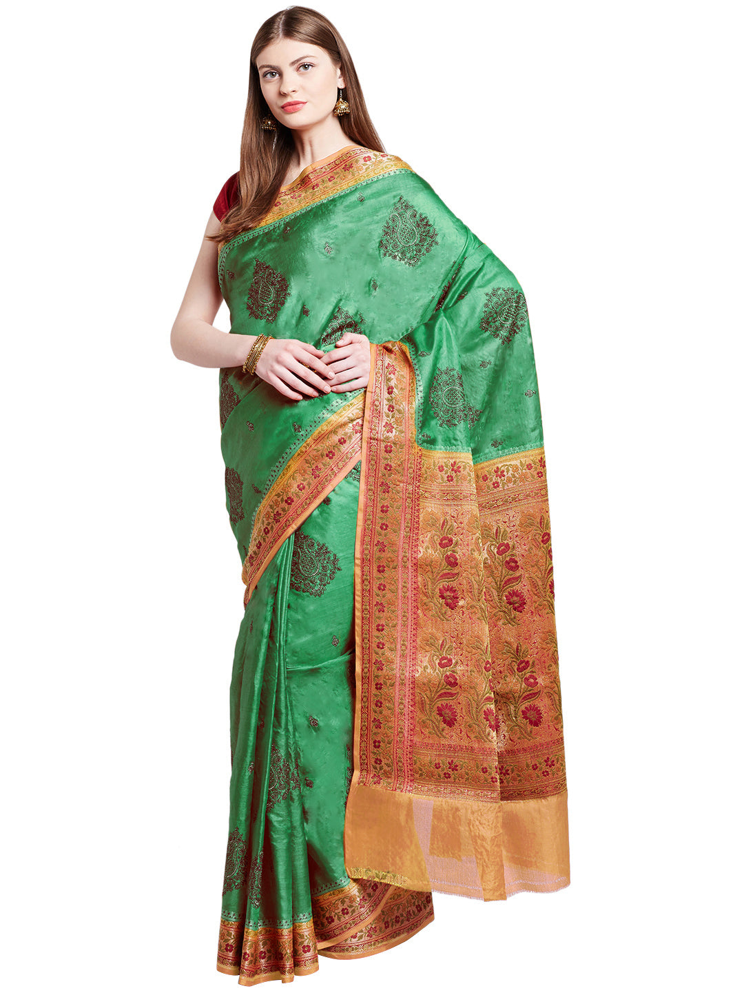 Chhabra 555 Green and Rust Coloured Tussar Silk Embroidered Saree