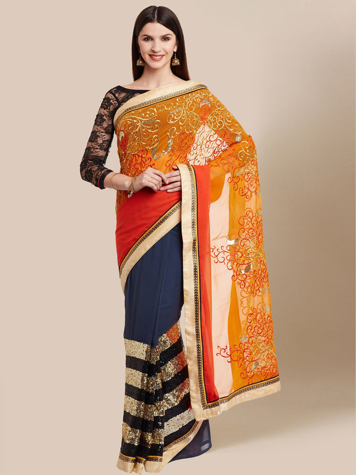 Grey & Orange Embroidered Georgette Half & Half Party Wear Saree