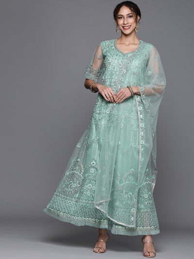 Chhabra 555 Semi-Stitched Pastel Blue Embellished Net Gown & Pleated Embroidery Sleeves & Dupatta
