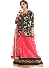 Pink & Black Net Embroidered Jacket Style Semi Stitched Lehenga With Dupatta