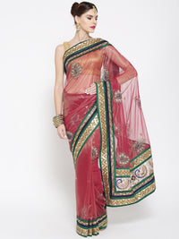 Maroon Embellished Shimmer Net Saree with Peacock Motifs