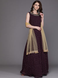 Purple Embellished Gown with Fringed Gold Dupatta