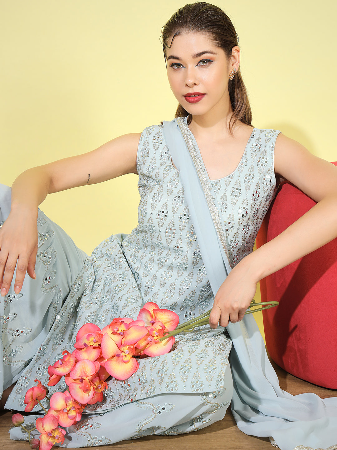 Chhabra 555 Made-to-Measure Pastel Green Resham, Zari Embroidered & Sequence Embellished Kurta Sharara With Dupatta Set 