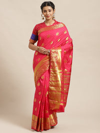 Rani Pink Kanjiwaram Satin Silk Saree with embossed saree and Zari floral motifs