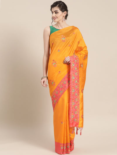 Chhabra 555 Tussar Banarasi Silk saree with Katha embroidery and multicolor thread Contrast Border