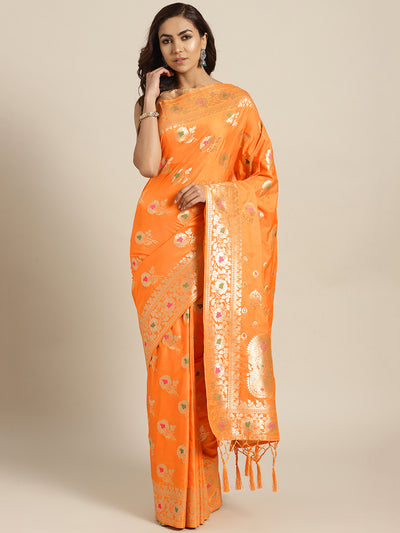 Chhabra 555 Mustard Banarasi Handloom Silk Saree with Floral Meenakari pattern and Jhalar