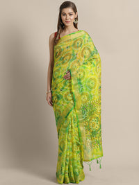 Chhabra 555 Chanderi Bandhej Multicolor Saree with  Golden zari border and tassels