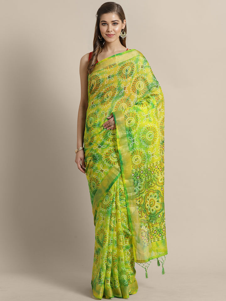 Chhabra 555 Chanderi Bandhej Multicolor Saree with  Golden zari border and tassels