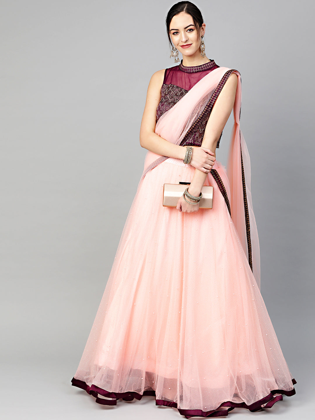 Chhabra 555 Made-to-Measure Crop Top Set with Crystal and pearl embellishments, Jeweled choker style neckline and foil print lehenga with attached ruffled dupatta