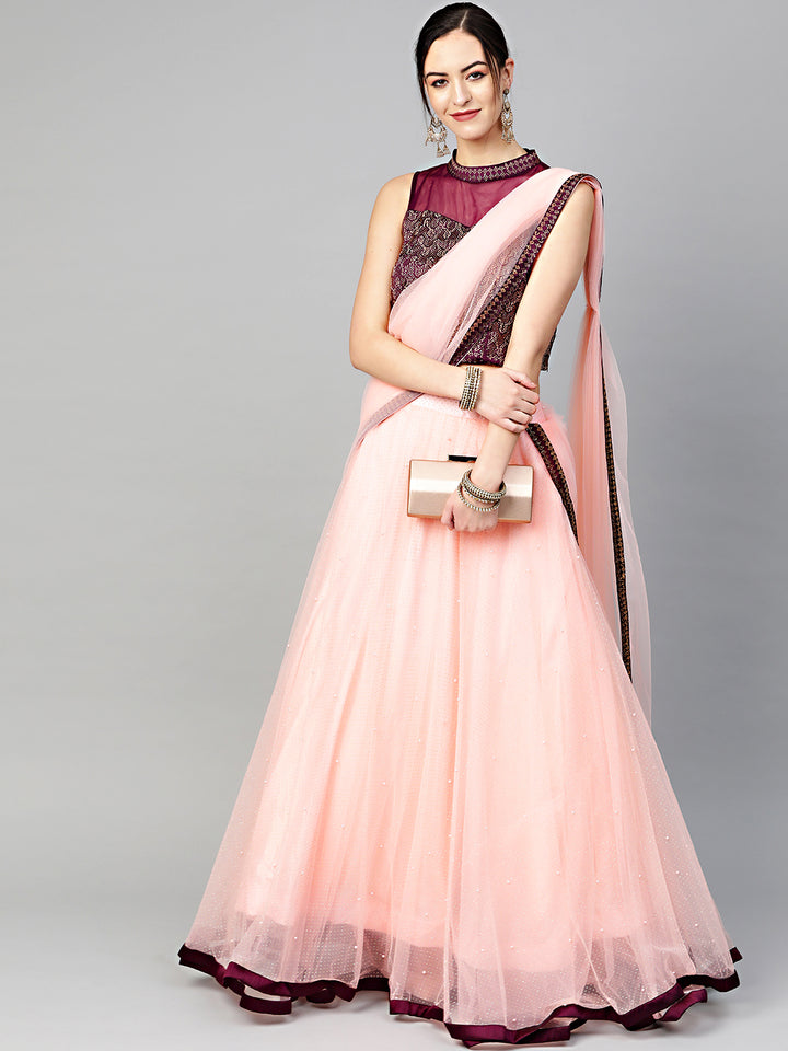 Chhabra 555 Made-to-Measure Crop Top Set with Crystal and pearl embellishments, Jeweled choker style neckline and foil print lehenga with attached ruffled dupatta