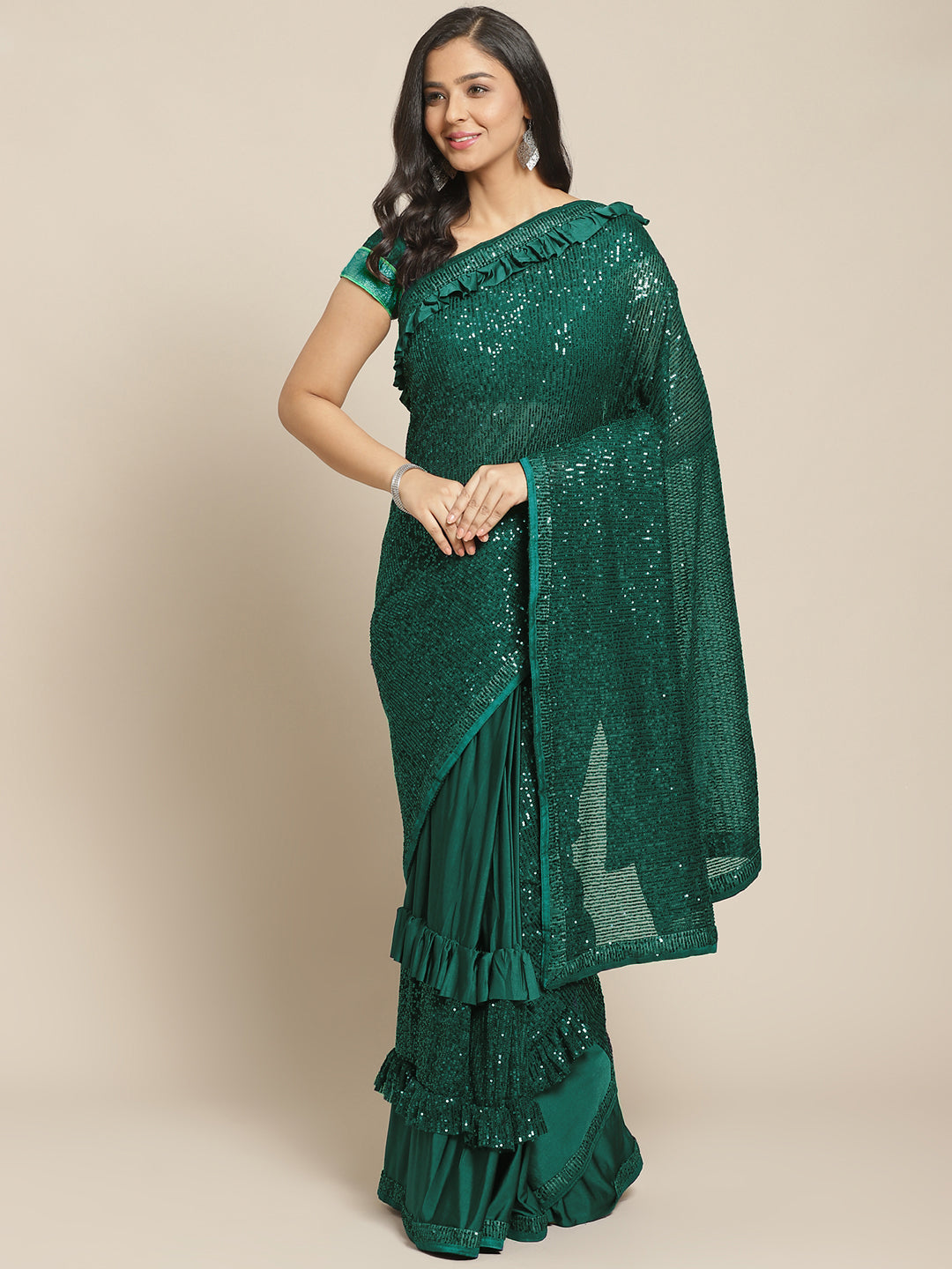 Deep Green Bling Lycra Ruffled Saree with Festive Layering & Sequence Sheet Embroidery