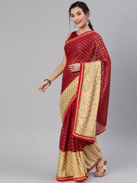 Gold Red Lycra Embellished Saree with Attached Belt and Gold Zari Flower Motifs