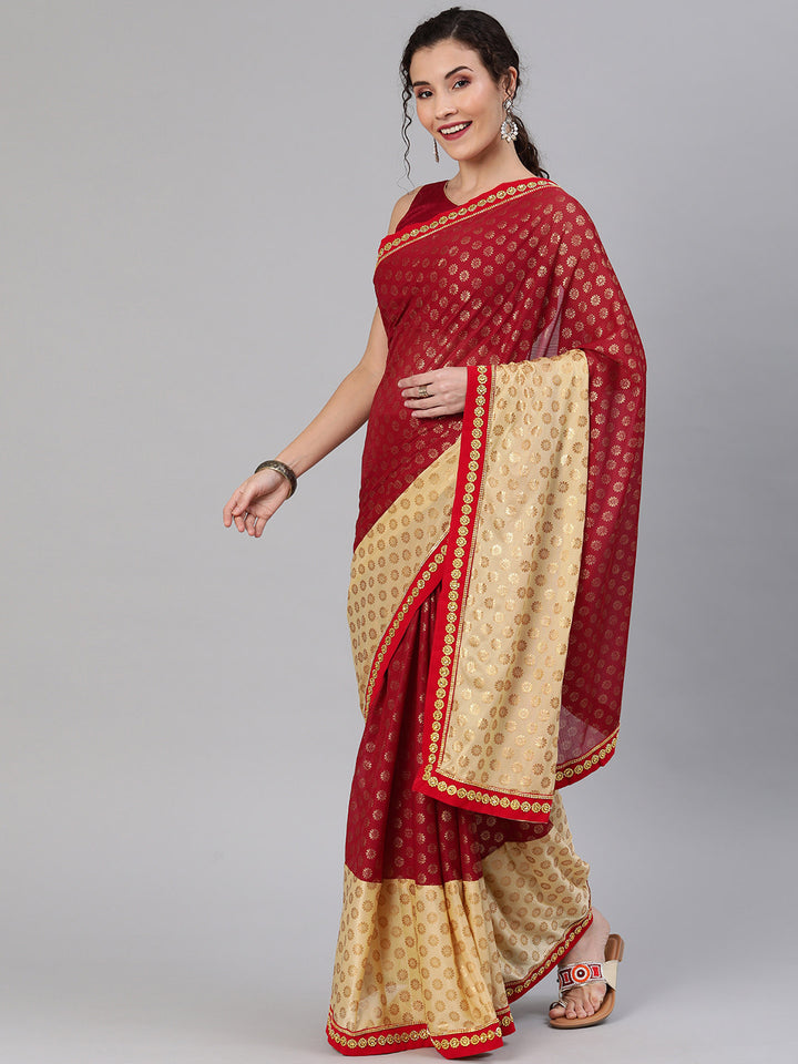 Gold Red Lycra Embellished Saree with Attached Belt and Gold Zari Flower Motifs