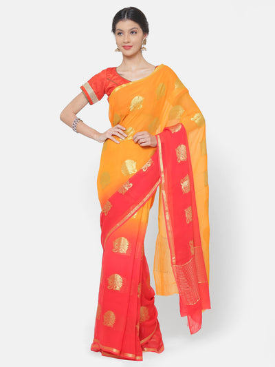 Chhabra 555 Mysore Georgette Orange to Red ombre dyed saree with floral weaved motifs