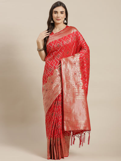 Chhabra 555 Red Ikat pattern Banarasi Saree with Resham & Zari Weaving

Color: Red

Type: Banarasi Sarees

Pattern: Woven Design

Pattern Type: Geometric

Ornamentation: Zari

Border: Woven Design

Fabric: Silk Blend

Saree length: 5.30 mtr., Width: 1.10 mtr, Blouse length: 0.80 mtr
Dry Clean Only

The CAD image gives a detailed look of the actual blouse piece that comes with this saree. The blouse used by the model in the pictures is only for styling purpose.