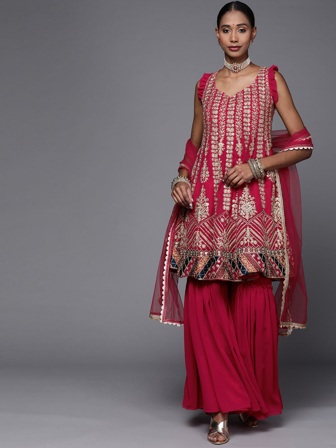 Chhabra 555 Made to Measure Fuchsia Gold Zari & Resham Embroidery Peplum Layered Sharara Set 