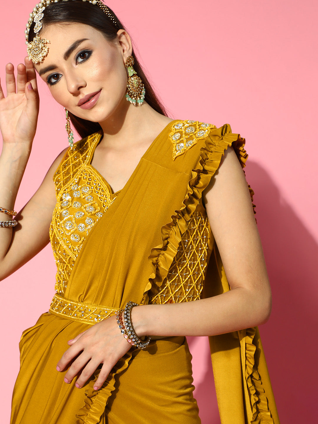 Chhabra 555 Mustard Pre-Draped Ruffled Ready to Wear Belted Saree with Pearl Embellishments