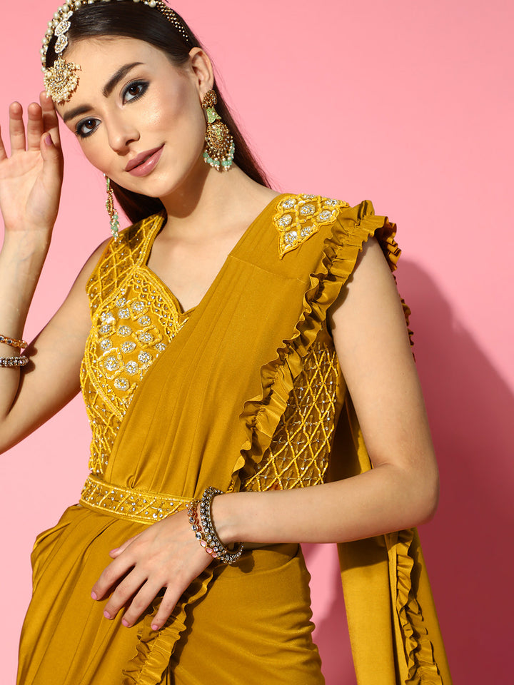 Chhabra 555 Mustard Pre-Draped Ruffled Ready to Wear Belted Saree with Pearl Embellishments