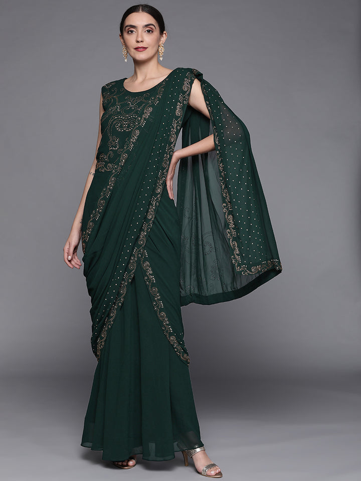 Chhabra 555 Embellished Bottle Green Georgette Pre-Draped Saree Gown With Attached Dupatta
