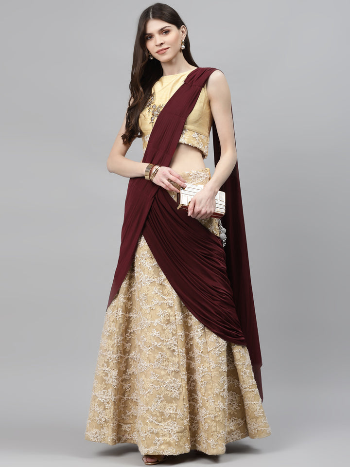 Ribbon & Pearl Embroidery Lehenga Set with Crystals Embellishments & PreDraped Dupatta