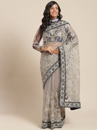 Chandni Grey Net Saree Embellished with Silver Zari and Crystals and Navy Velvet Border